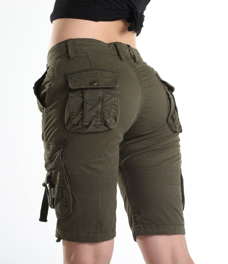 FOURSTEEDS Women's Multi-Pocket Bermuda Shorts Twill Cotton Relaxed Fit Capri Pants Army Green US 16 - Image 5